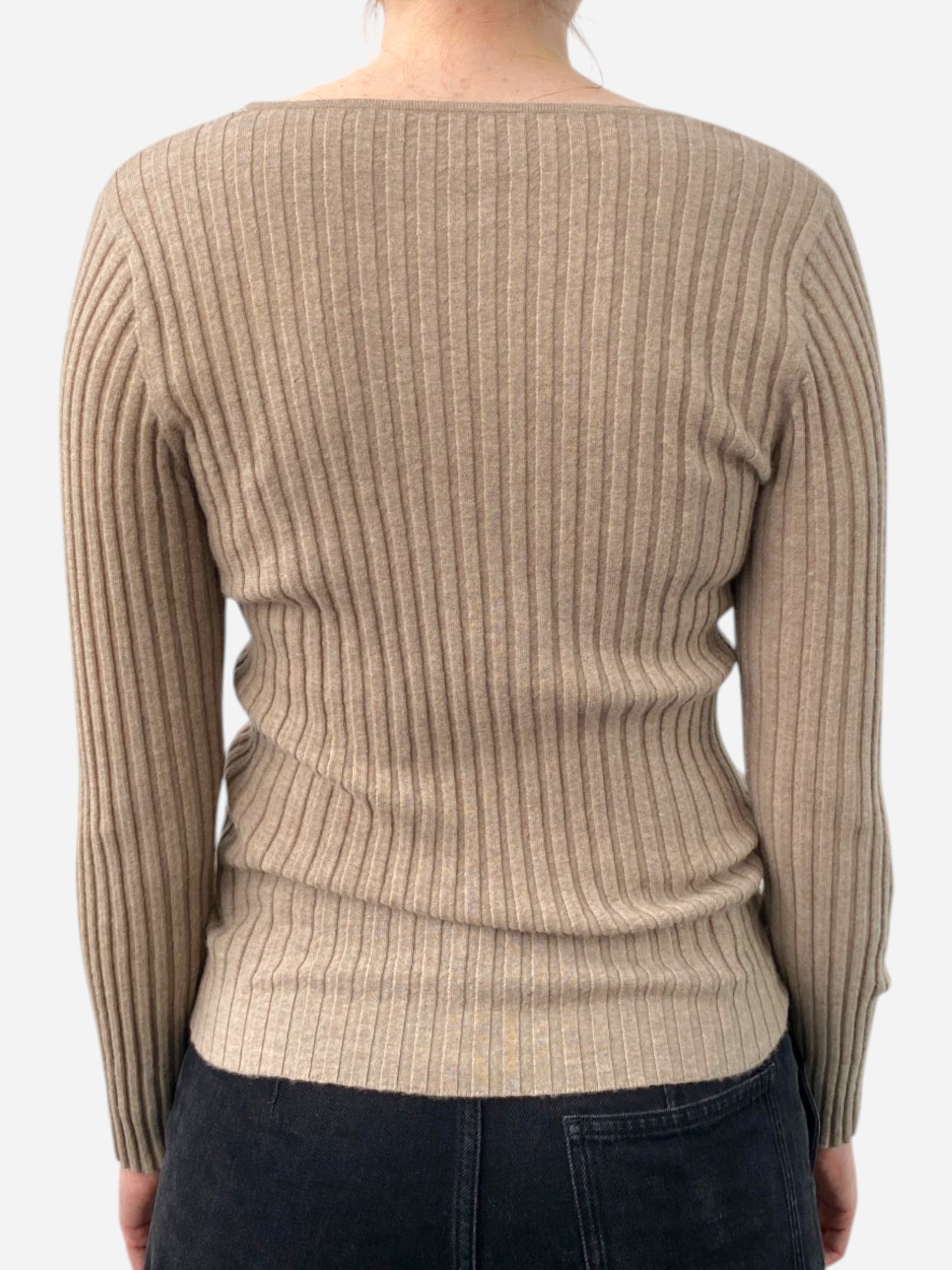 Beige Cashmere Ribbed Round Neck Jumper