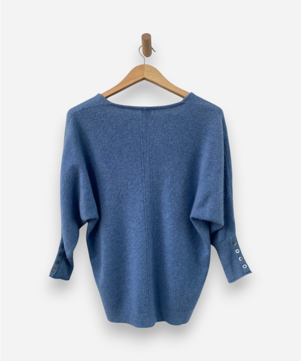 Blue Cashmere V Neck Oversized Jumper
