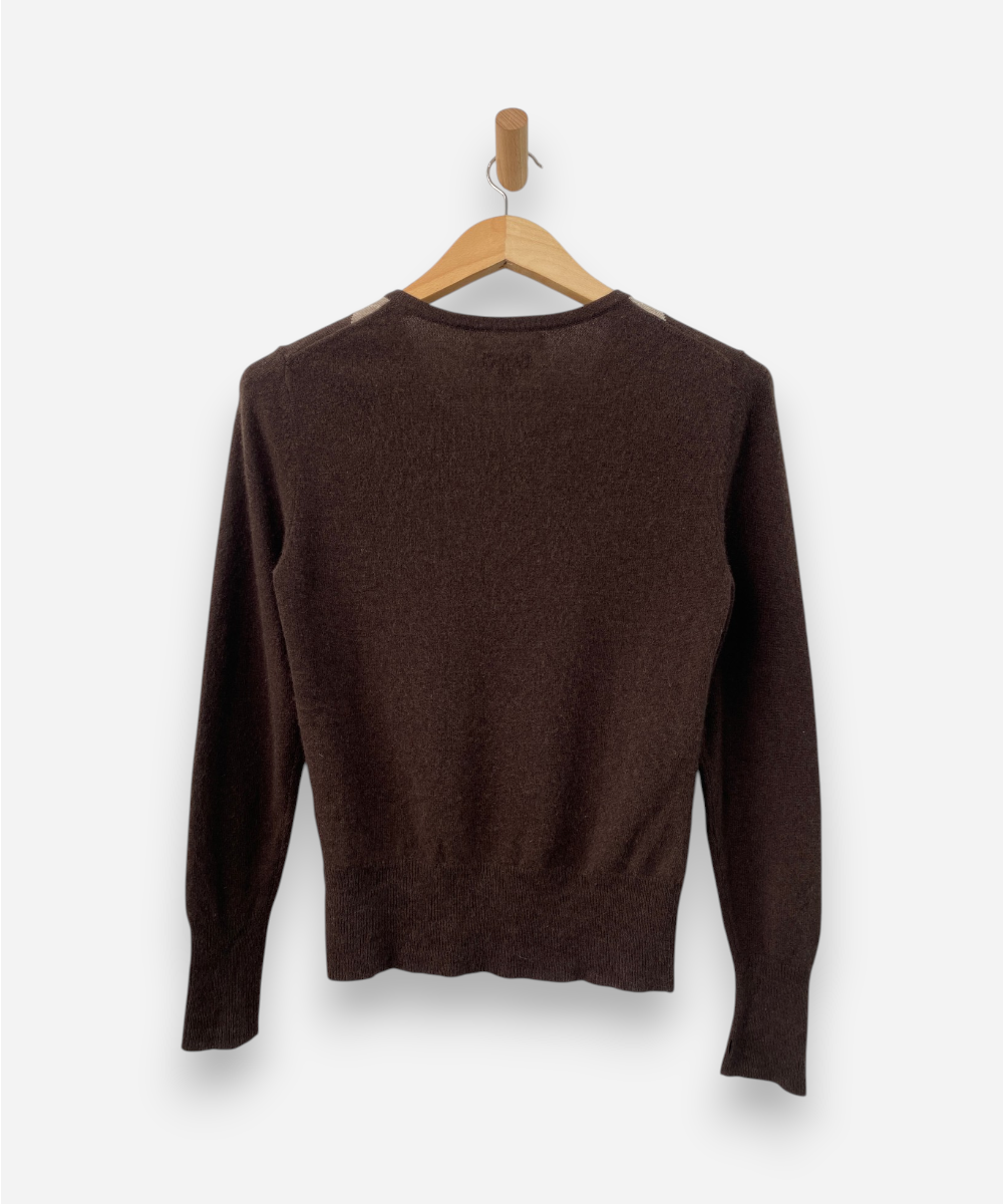 Brown Cashmere Crew Neck Argyle Cardigan by Apartment 9