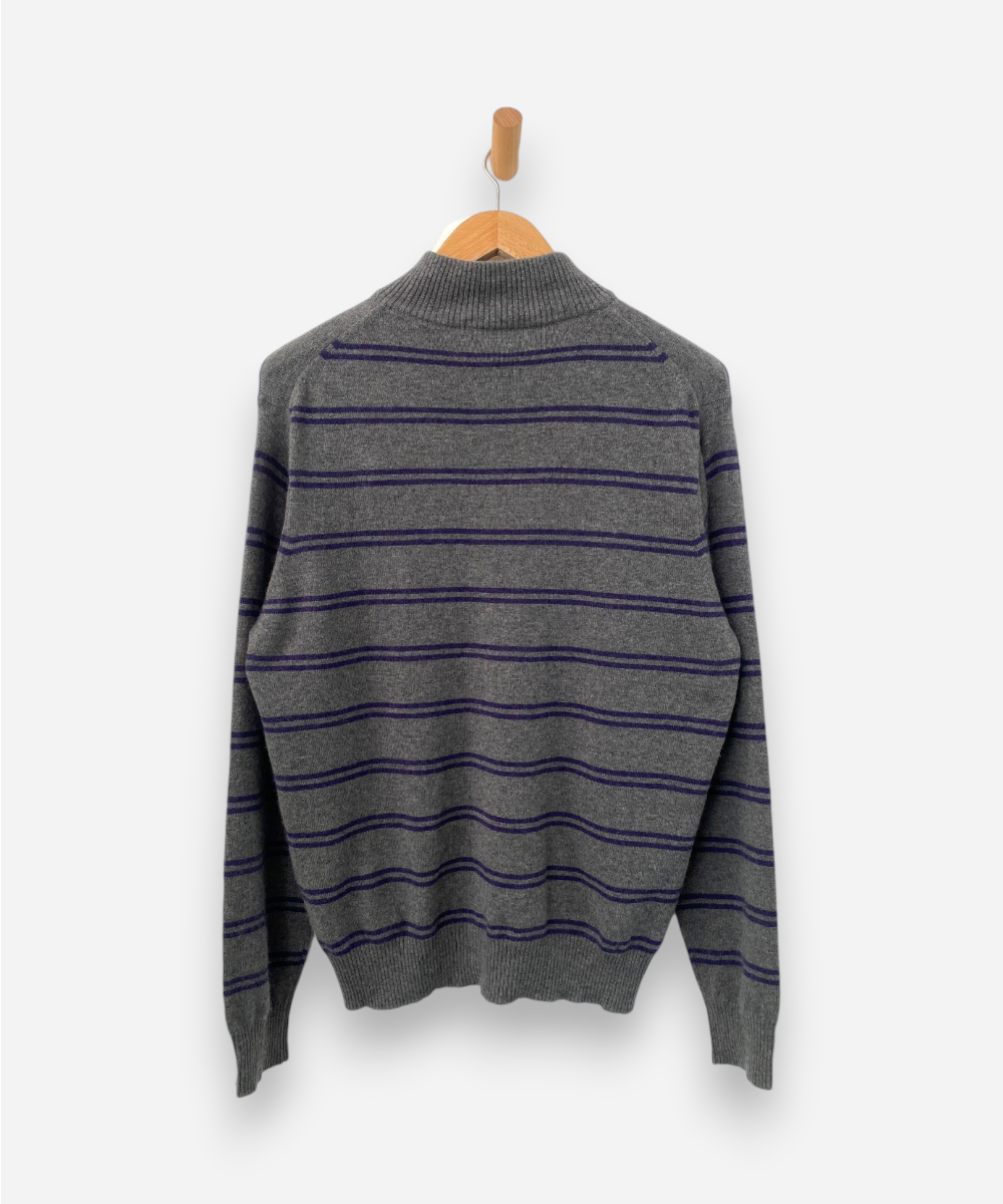 Grey and Purple Striped Cashmere Collared Jumper by Charles Tyrwhitt