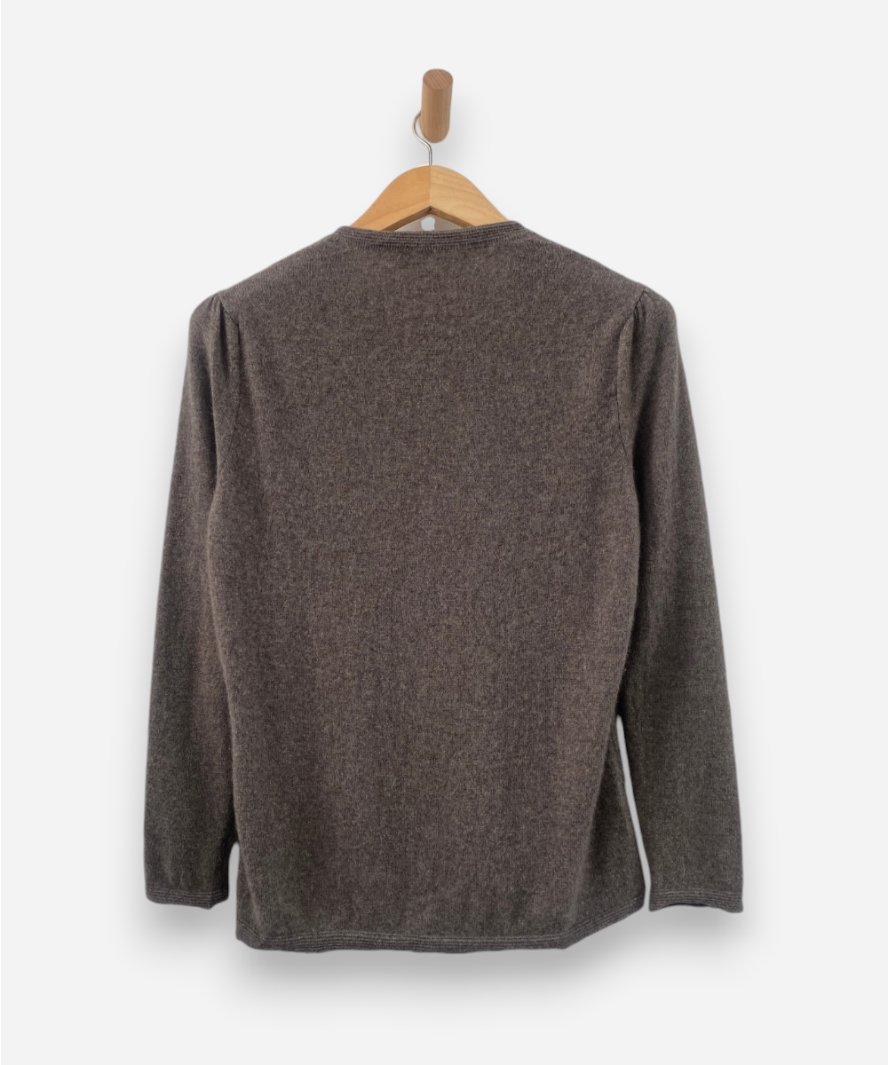 Light Brown Cashmere Round Neck Cardigan with Shell Buttons and Pockets by Sixth Sense
