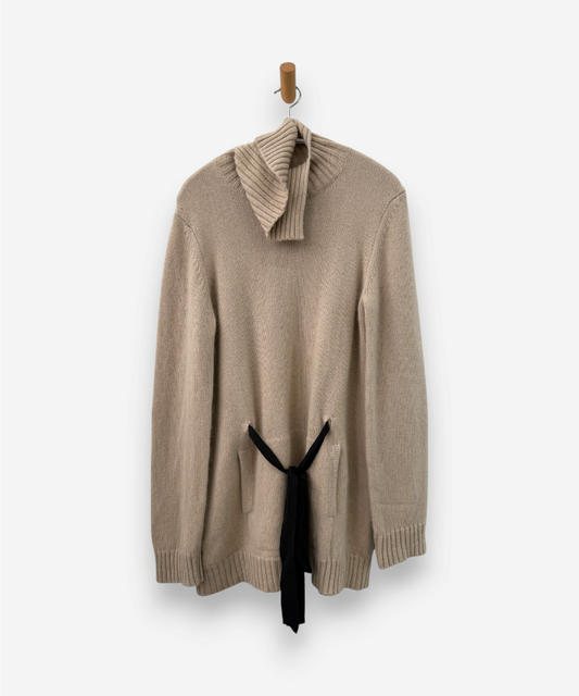 Beige Cashmere Roll Neck Chunky Knit with Waist Tie Jumper 