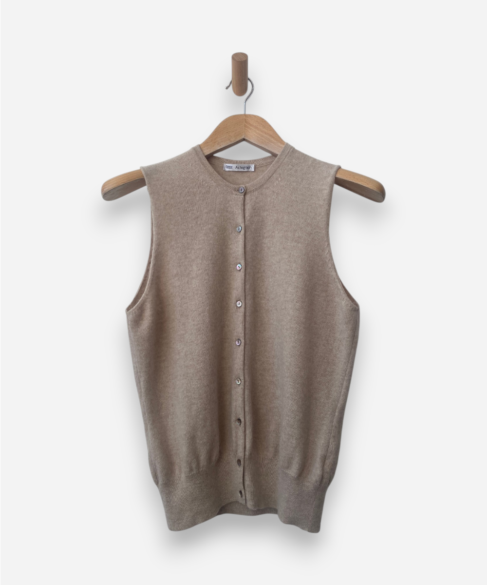 Beige Cashmere Crew Neck Button Up Vest by M&S