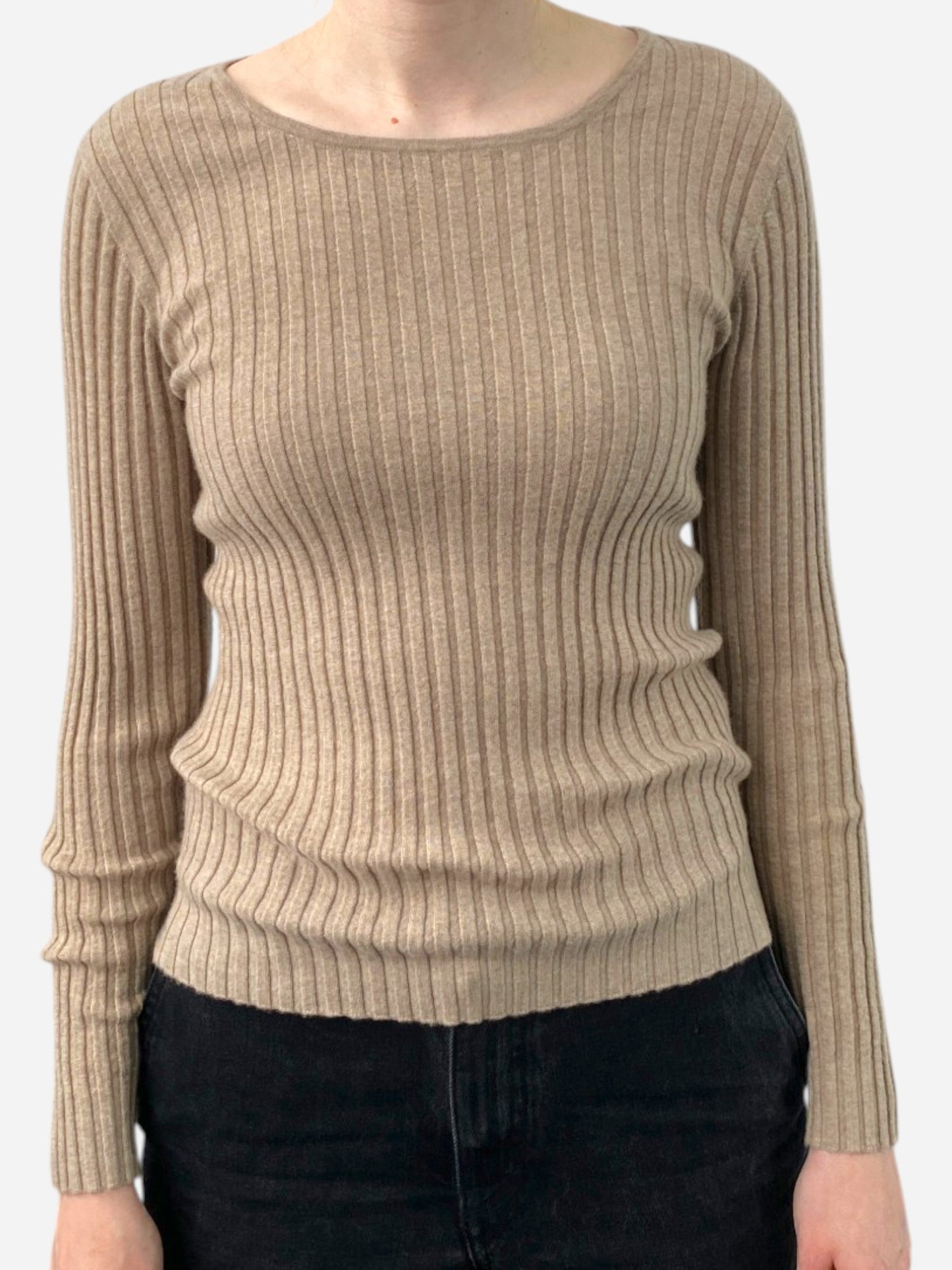 Beige Cashmere Ribbed Round Neck Jumper