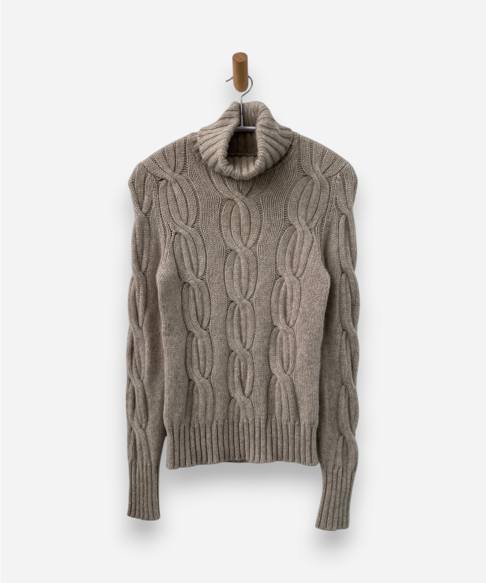 Beige Cashmere Roll Neck Chunky Cable Knit Jumper by Christopher Fischer