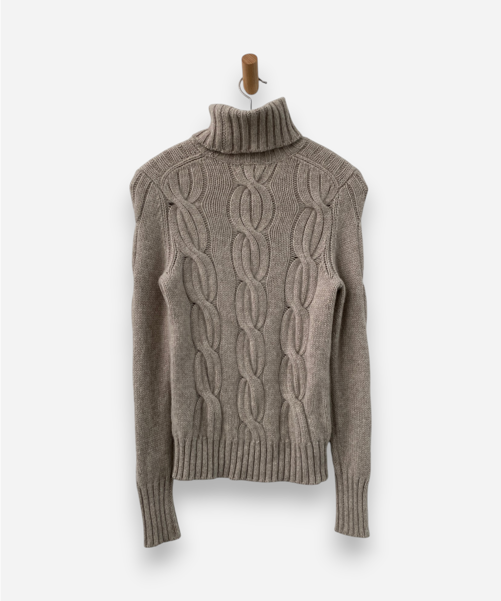 Beige Cashmere Roll Neck Chunky Cable Knit Jumper by Christopher Fischer