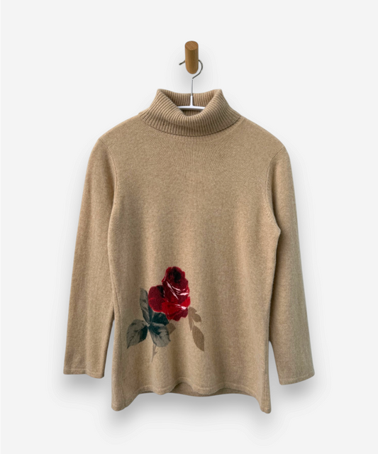 Beige Cashmere Roll Neck Red Rose Design