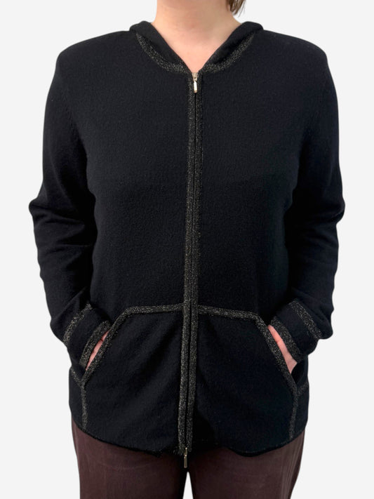 Black Cashmere Hoodie Shoulder Padded, Glitter Embellished Zip-Up Hoodie