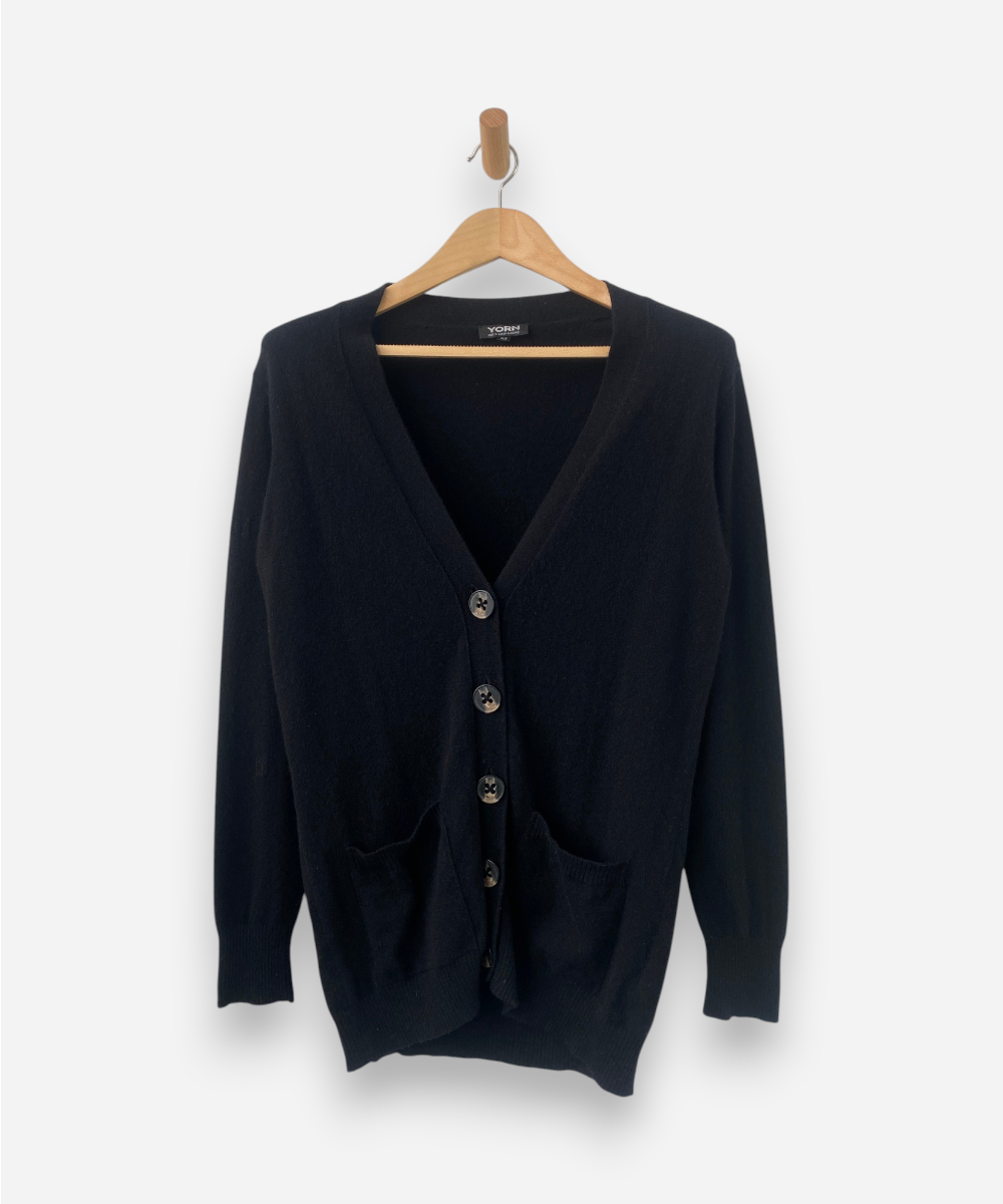 Black Cashmere Long V Neck Cardigan by Yorn