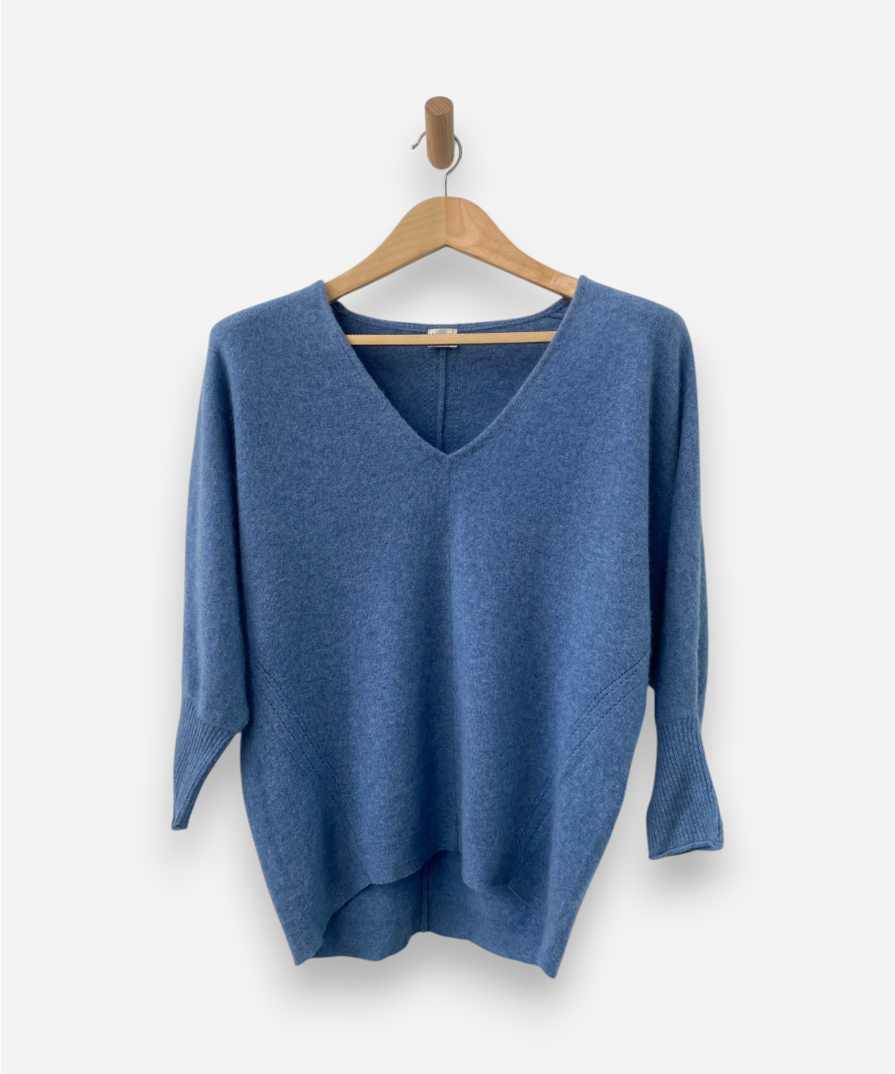 Blue Cashmere V Neck Oversized Jumper