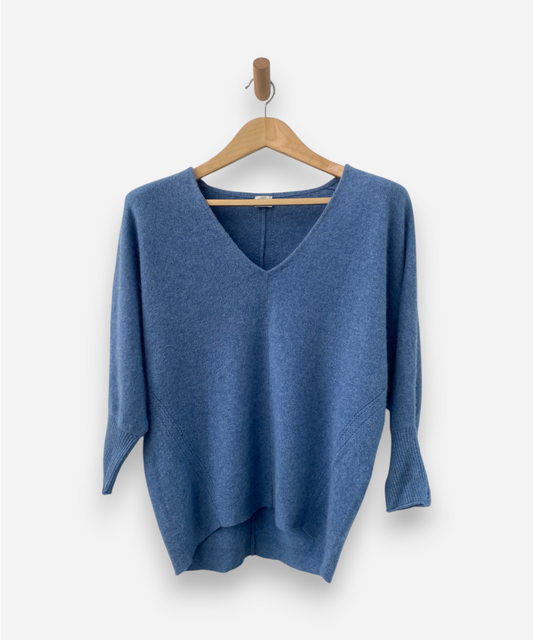 Blue Cashmere V Neck Oversized Jumper