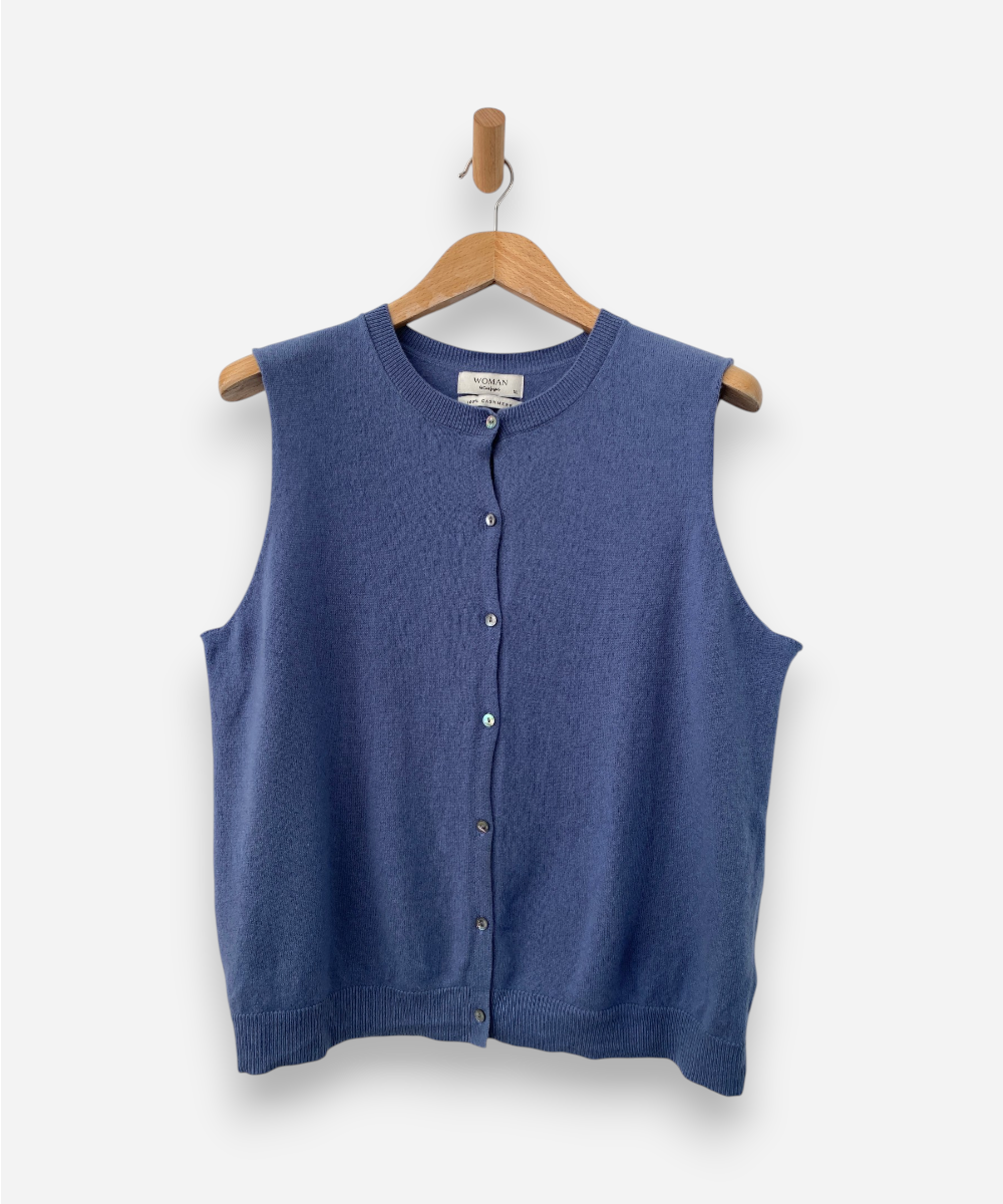 Blue Cashmere Button Up Sleeveless Cardigan by Et Cote Inglis