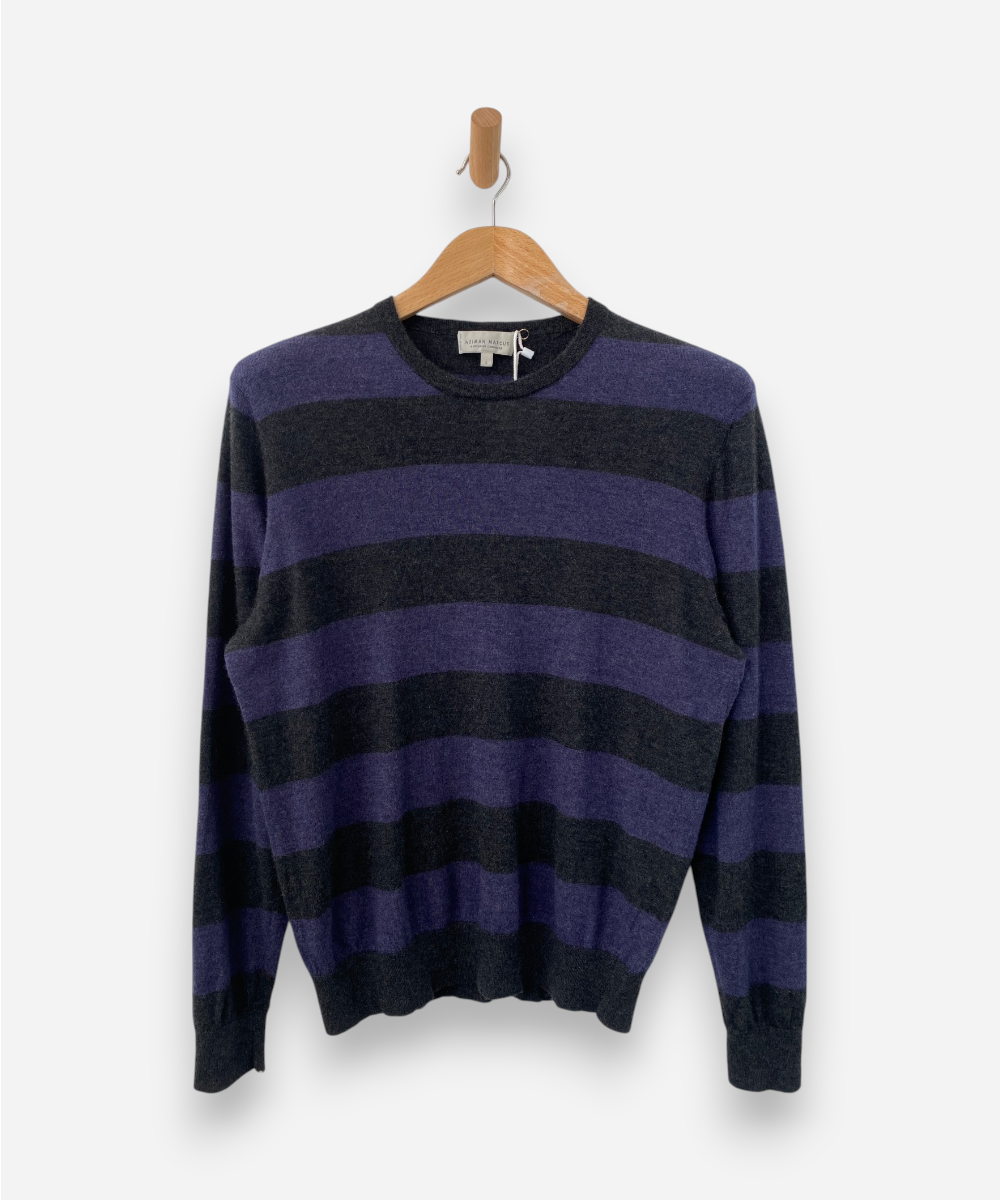 Blue and Grey Striped Cashmere Crew Neck Jumper by Neiman Marcus