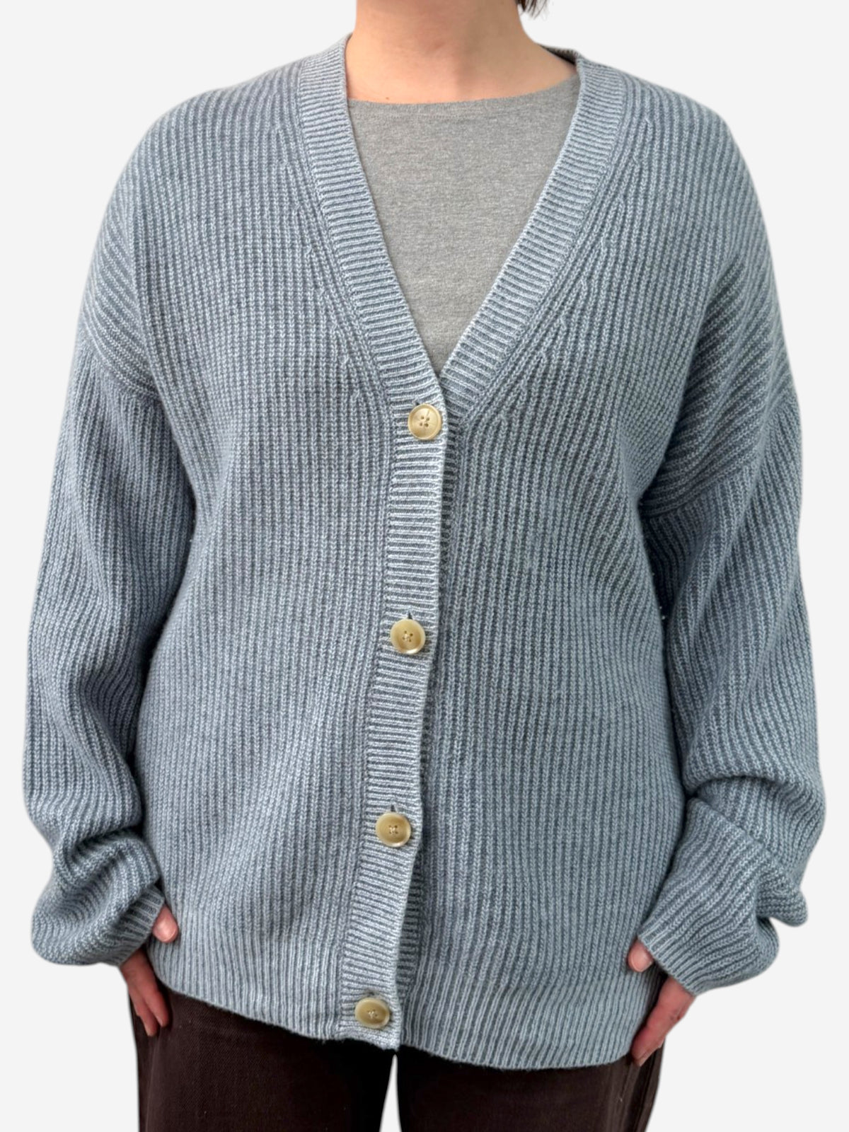 Blue Cashmere V Neck Ribbed Knit Jumper