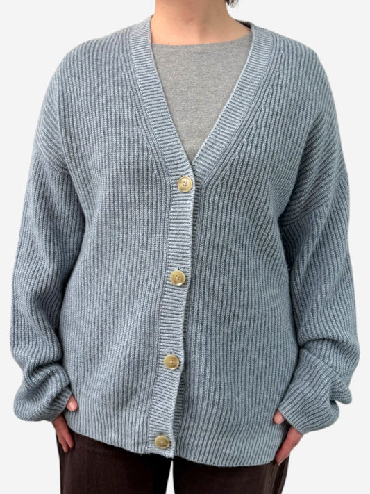 Blue Cashmere V Neck Ribbed Knit Jumper