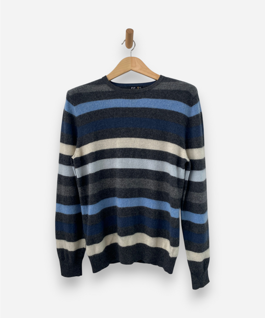 Blue, Cream and Grey Striped Cashmere Crew Neck Jumper    