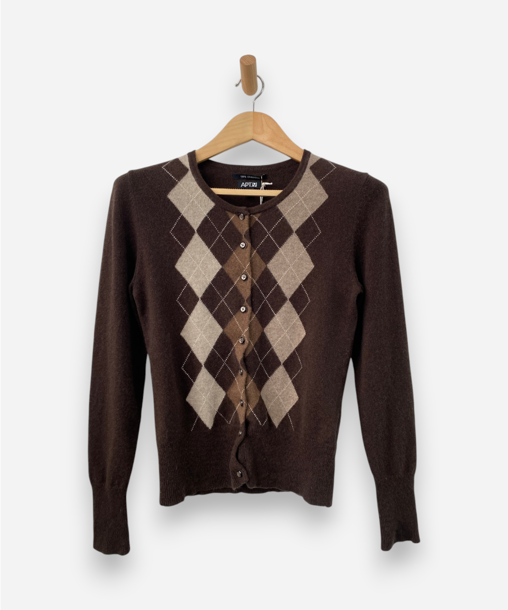 Brown Cashmere Crew Neck Argyle Cardigan by Apartment 9