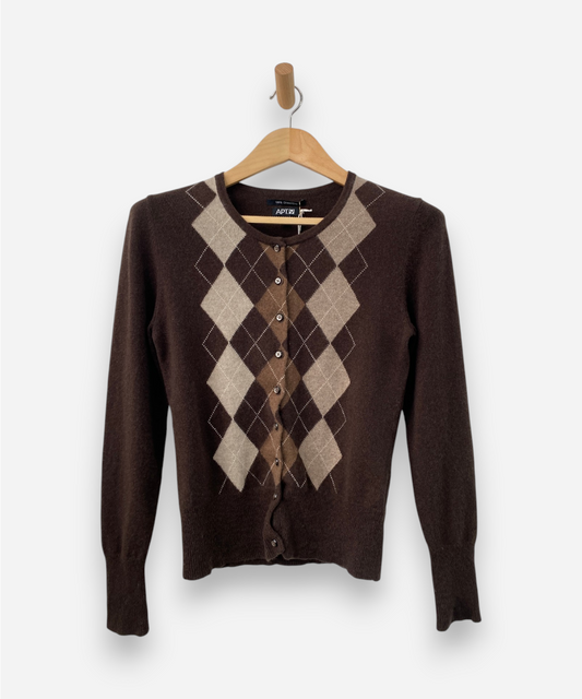 Brown Cashmere Crew Neck Argyle Cardigan
