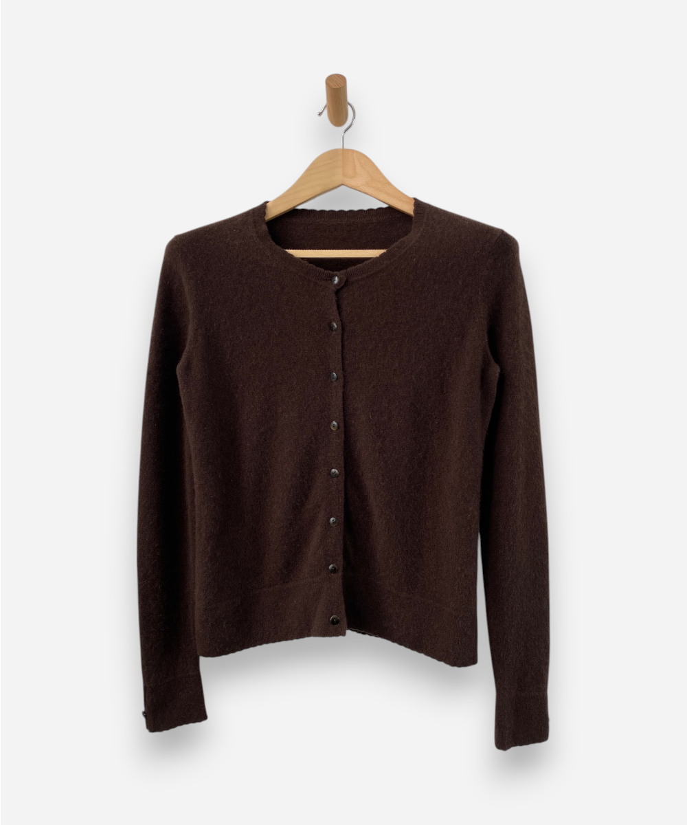 Brown Cashmere Scalloped Crew Neck Cardigan