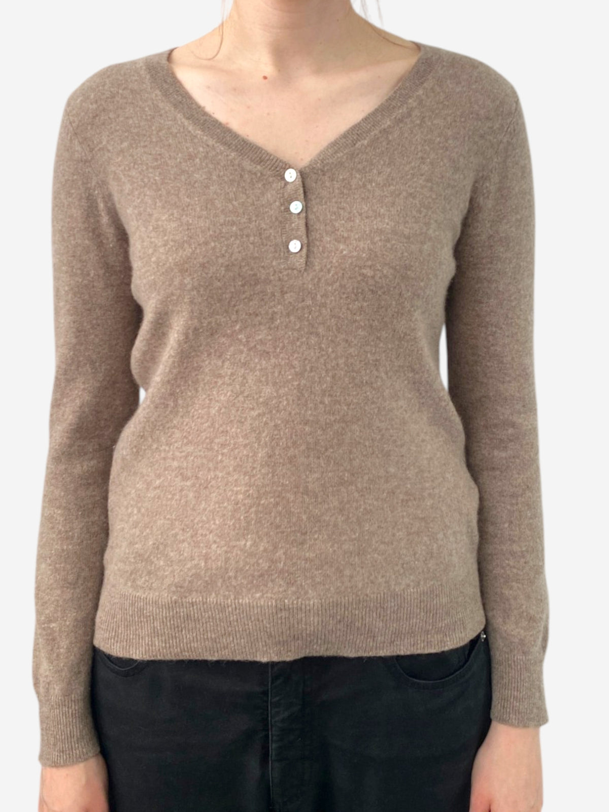 Brown Cashmere V Neck Button Accent Jumper 