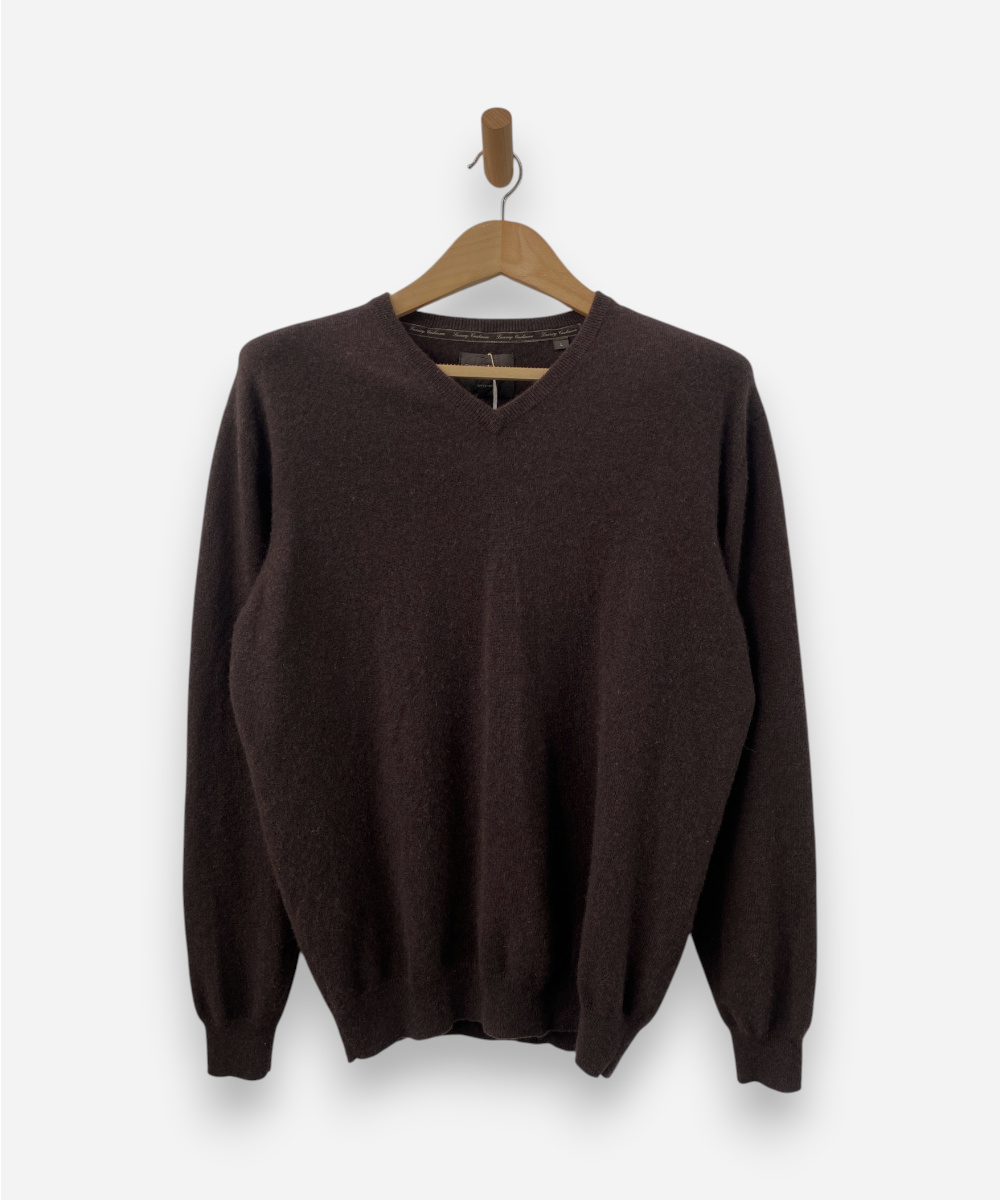 Brown Cashmere V Neck Jumper by Tom Rusborg