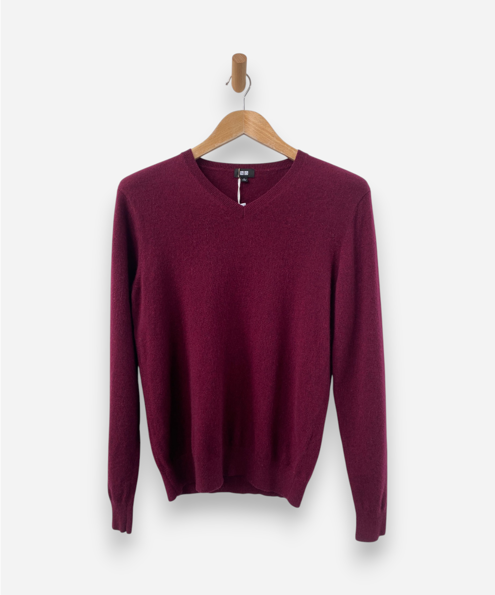 Burgundy Cashmere V Neck Jumper by Uniqlo