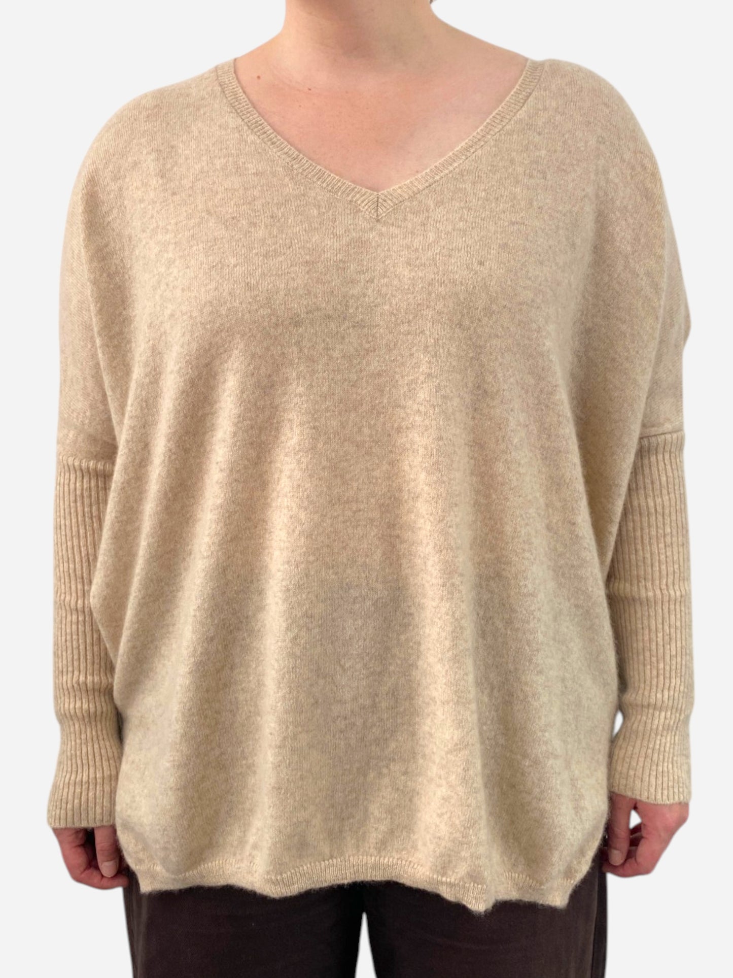 Beige Cashmere V Neck Oversized Bat Wing Jumper