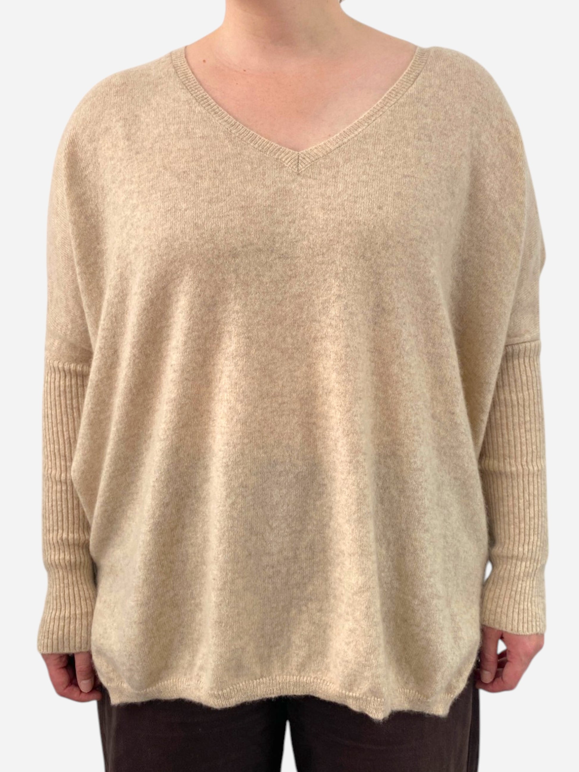 Beige Cashmere V Neck Oversized Bat Wing Jumper