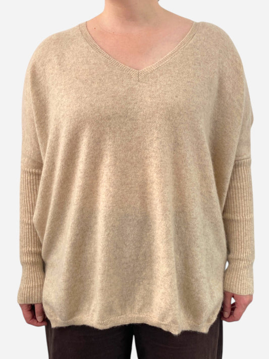 Beige Cashmere V Neck Oversized Bat Wing Jumper