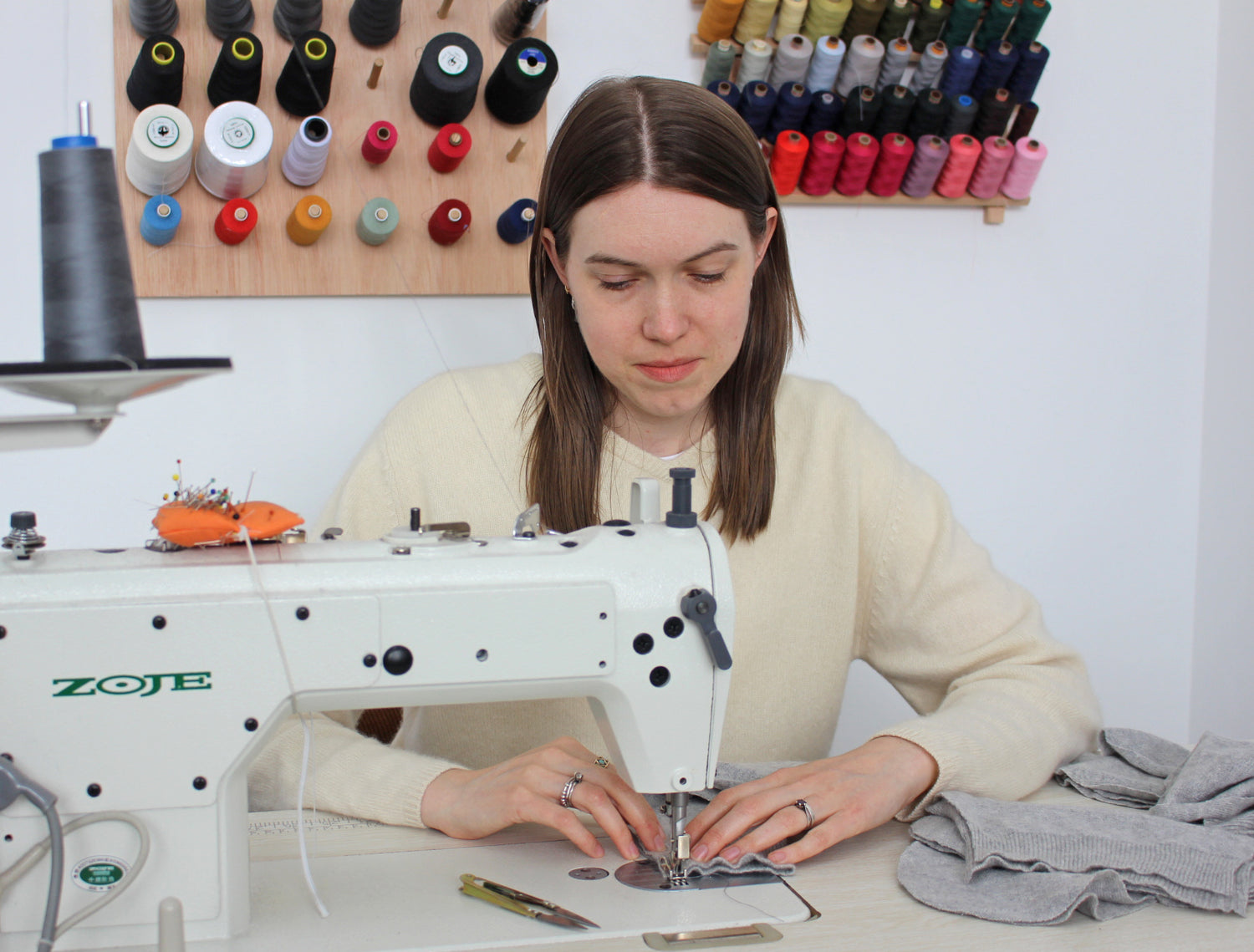 Emily sewing cashmere