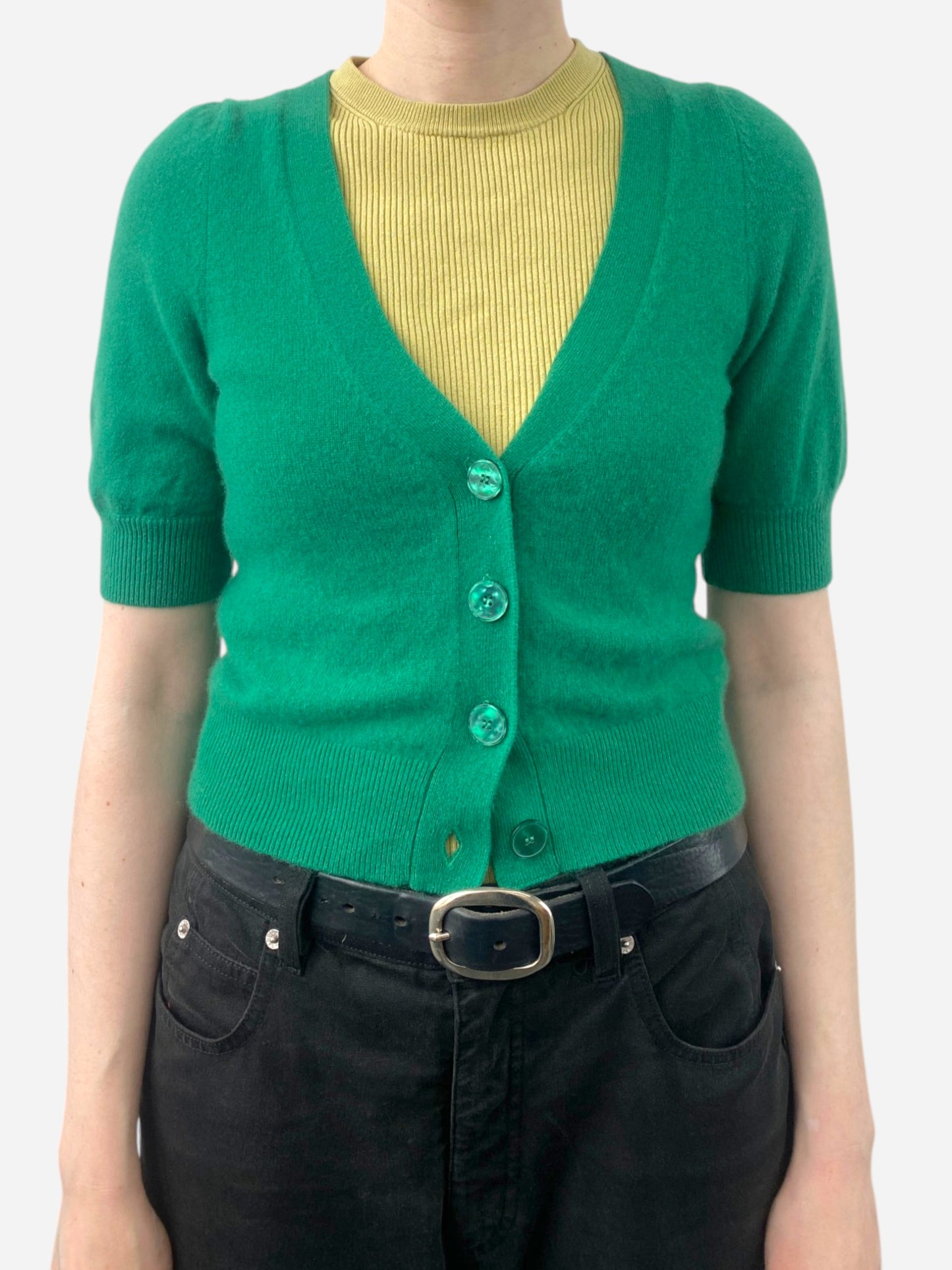 Green Cashmere Cropped Short Sleeve Cardigan by Maeve