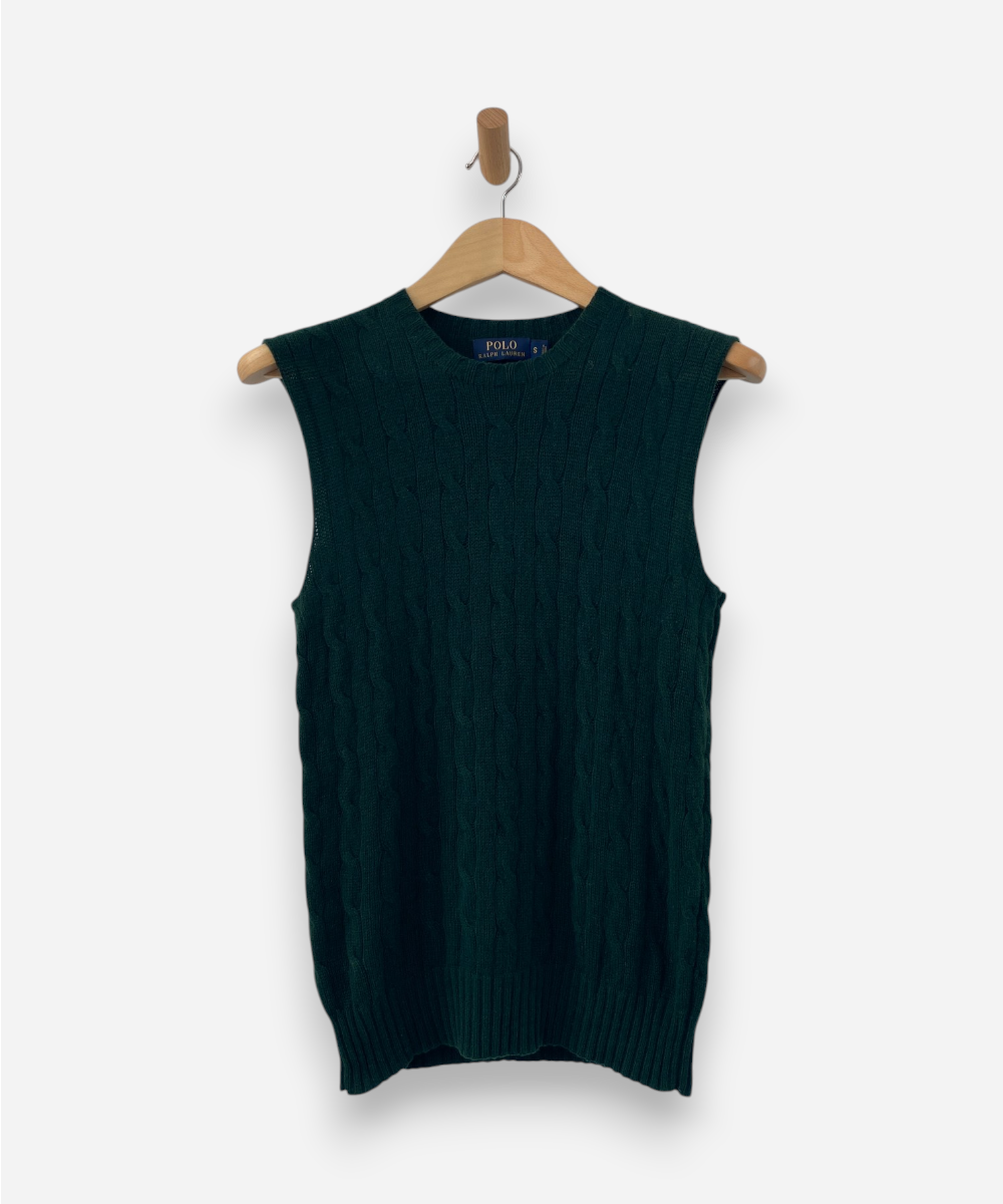 Green Cashmere Crew Neck Cable Knit Vest by Ralph Lauren
