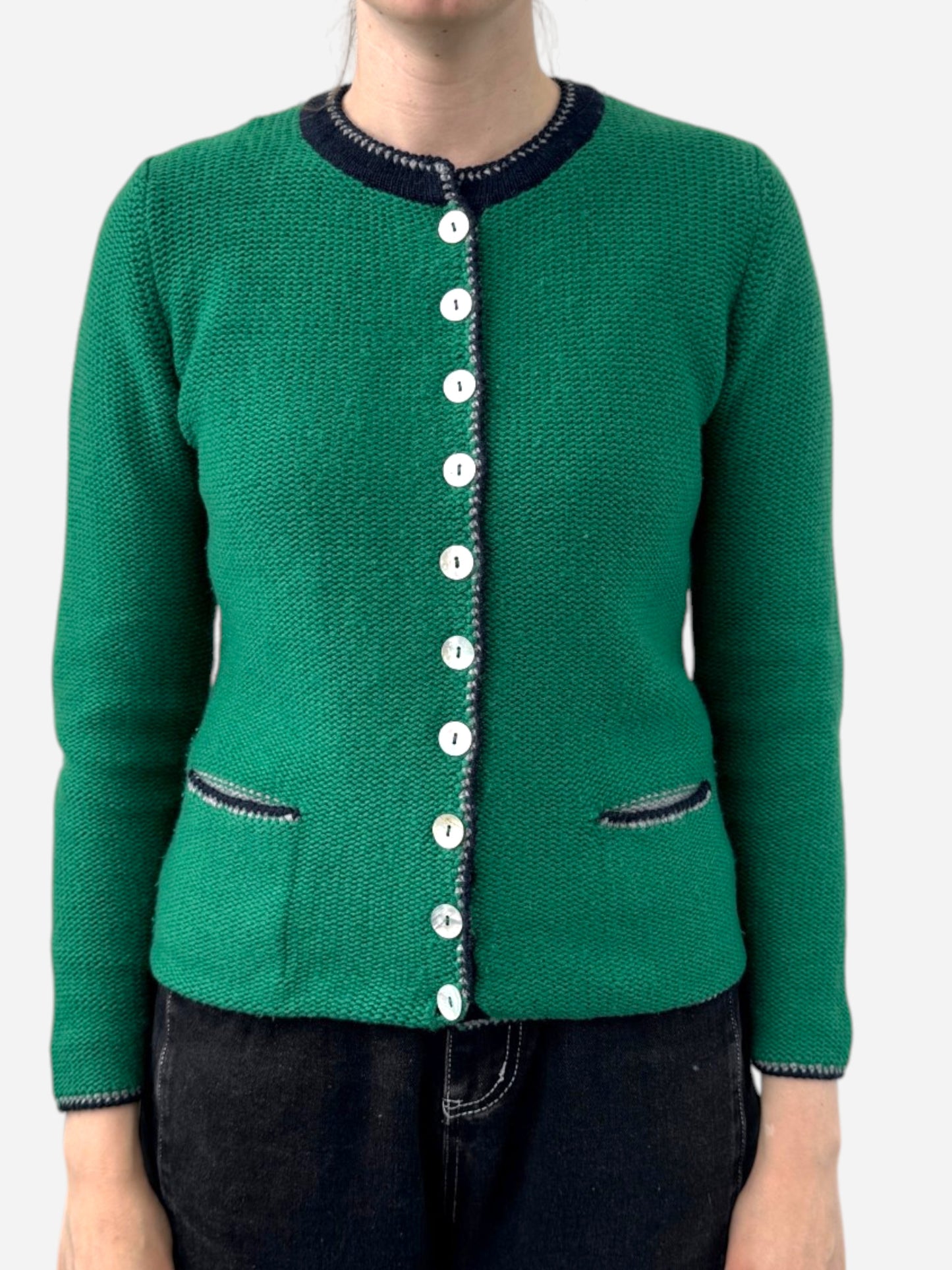 Green Cashmere Crew Neck Chunky Knit Cardigan