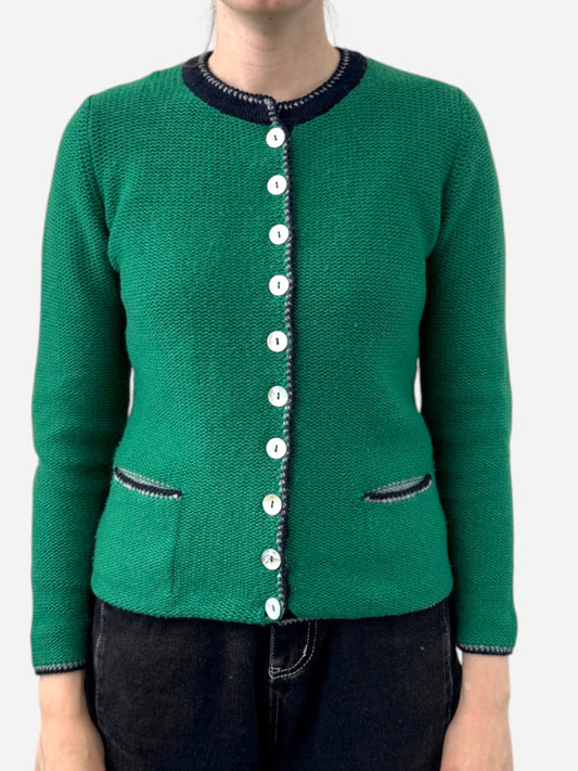 Green Cashmere Crew Neck Chunky Knit Cardigan