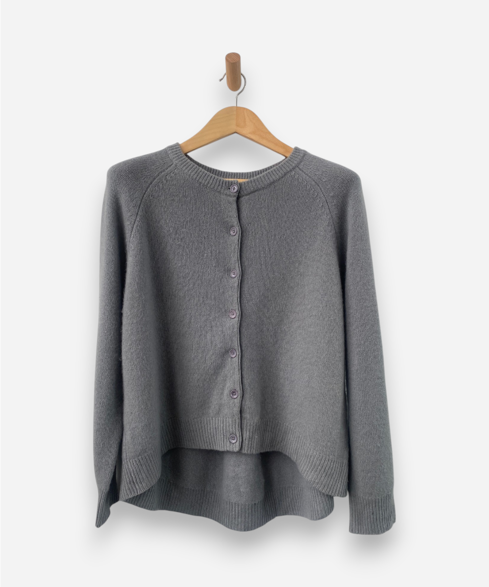 Grey Cashmere Round Neck Chunky Cardigan