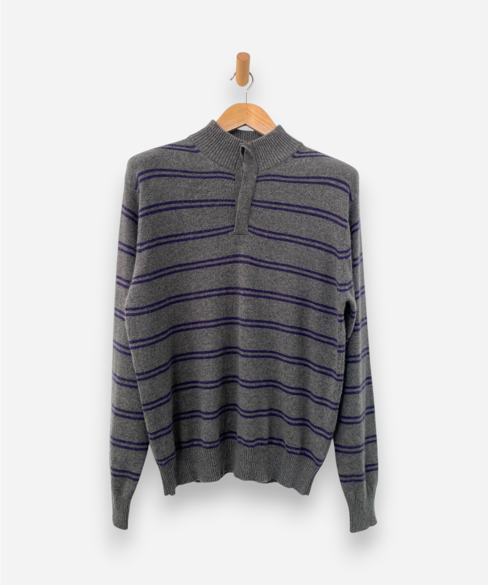 Grey and Purple Striped Cashmere Collared Jumper by Charles Tyrwhitt
