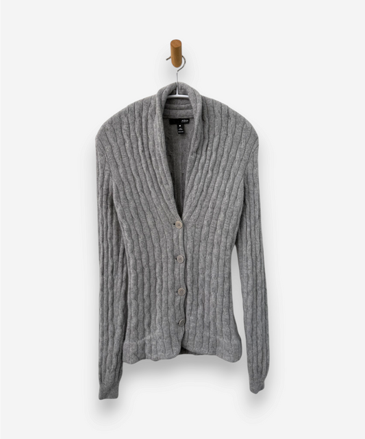 Grey Cashmere Collared Neck Cable Knit Cardigan 