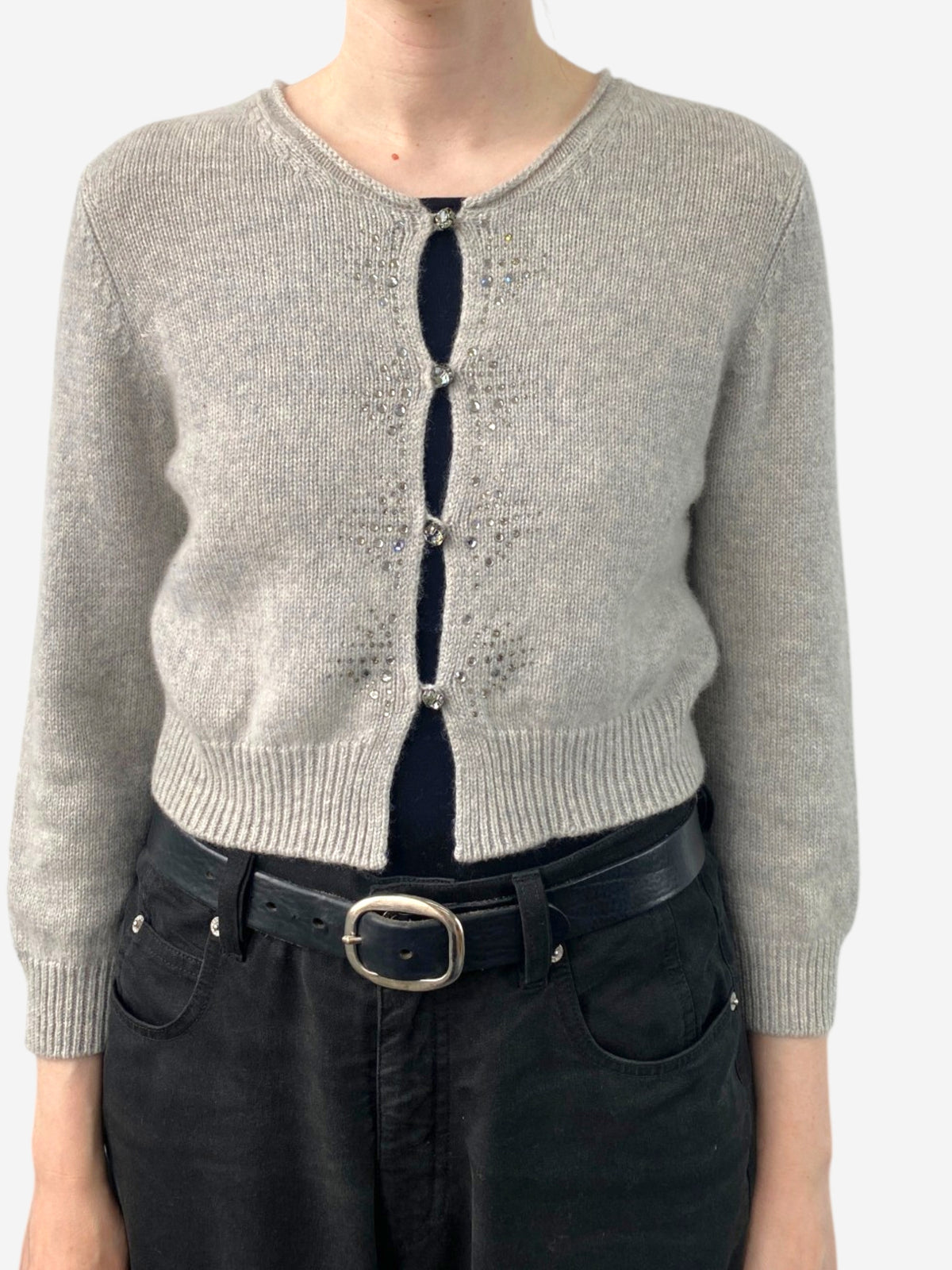 Grey Cashmere Round Neck Oversized Embellished Silver Sparkle Cardigan 