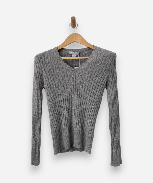 Grey Cashmere V Neck Cable Knit Jumper