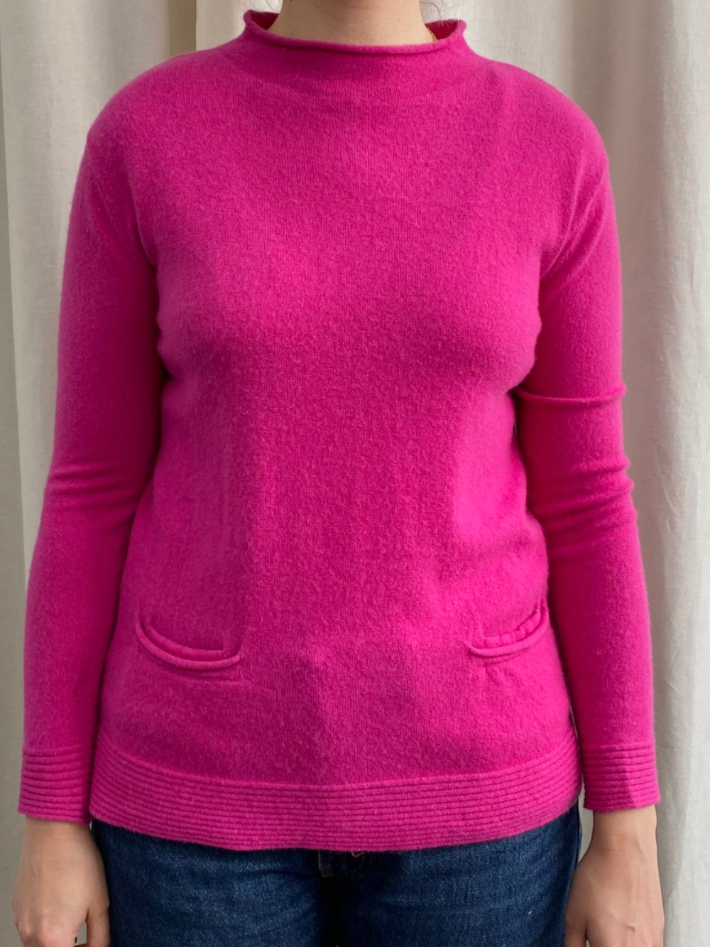 Hot Pink Cashmere Mock Neck Jumper with Pockets