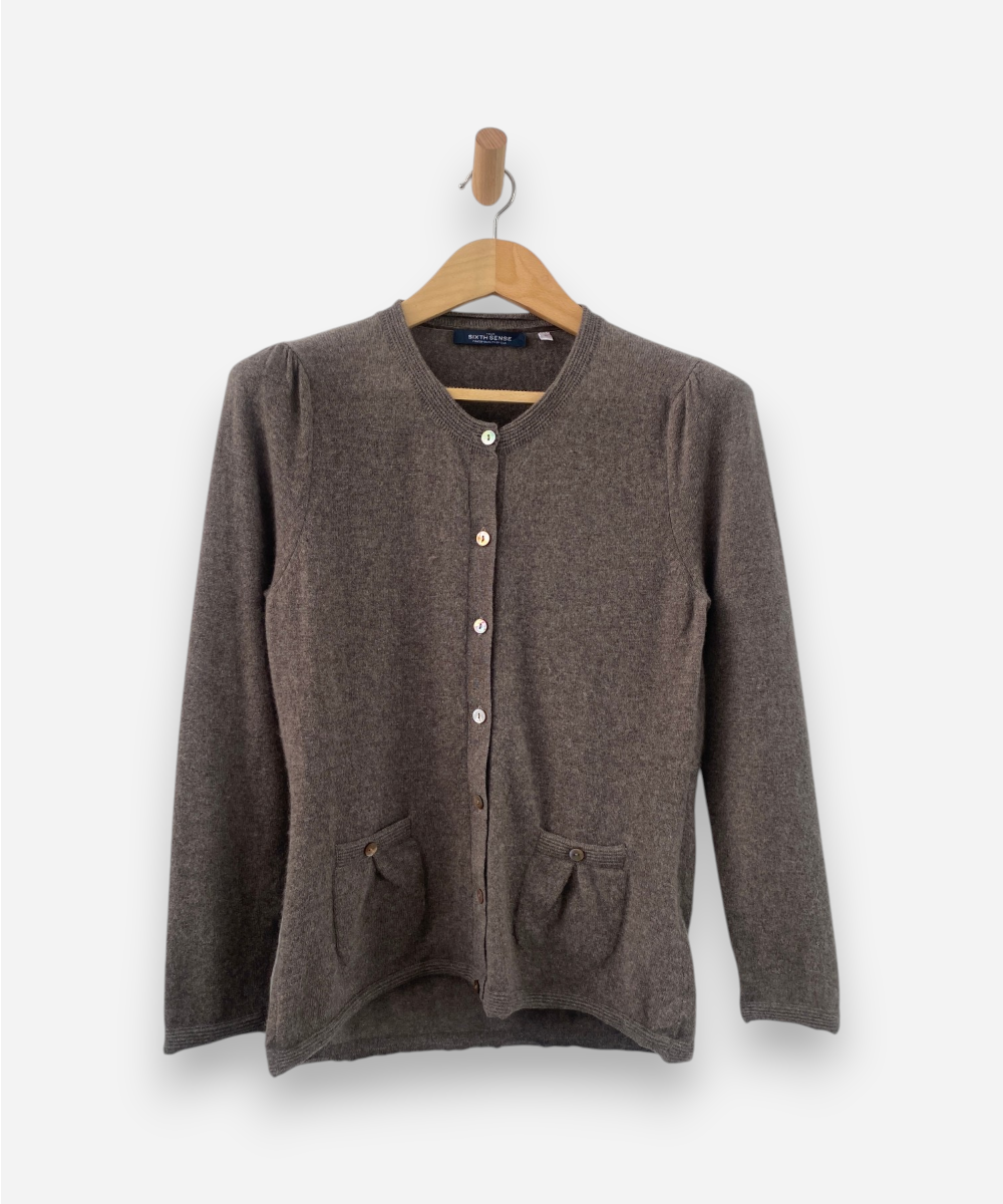 Light Brown Cashmere Round Neck Cardigan with Shell Buttons and Pockets by Sixth Sense