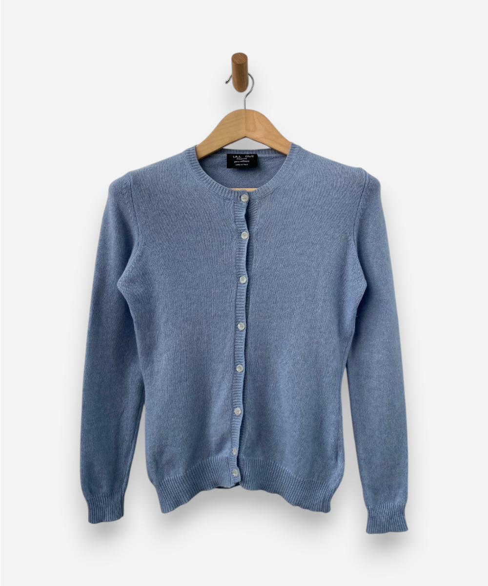 Light Blue Cashmere Crew Neck Cardigan by Pull Love Firenze