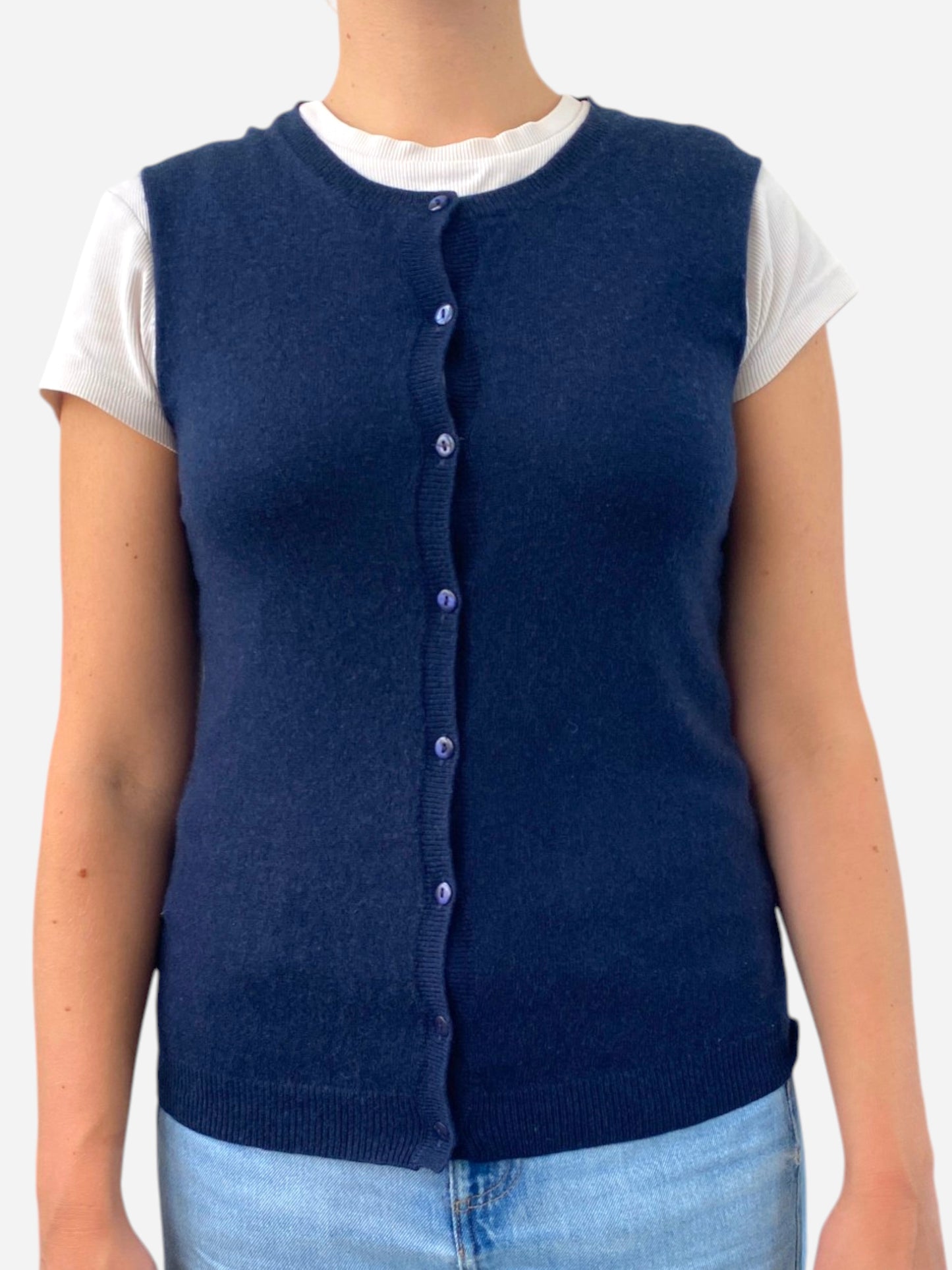 Navy Blue Cashmere Crew Neck Button Up Vest by Magasin