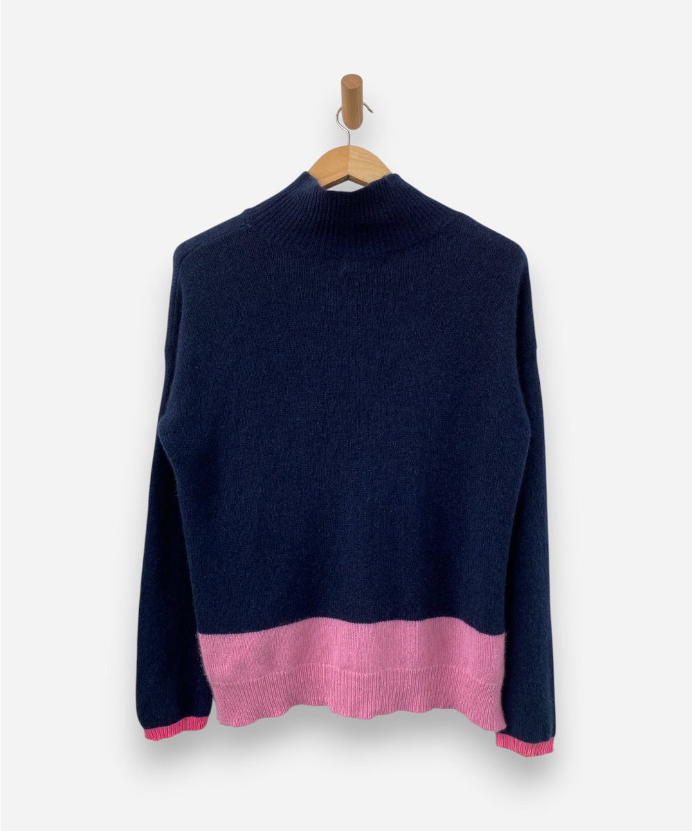 Navy Blue Cashmere Roll Neck Chunky Knit, Oversized Jumper by Alessandra