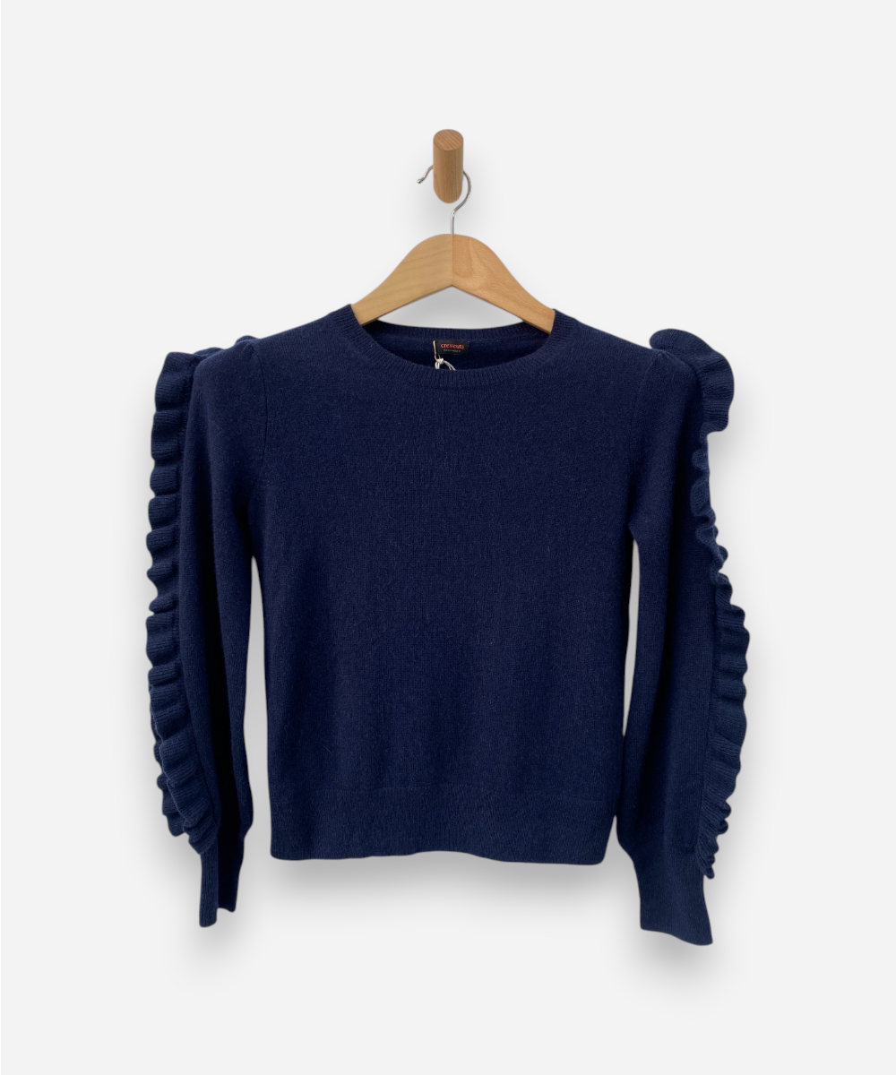 Navy Blue Cashmere Round Neck Frilled Jumper by Crewcuts