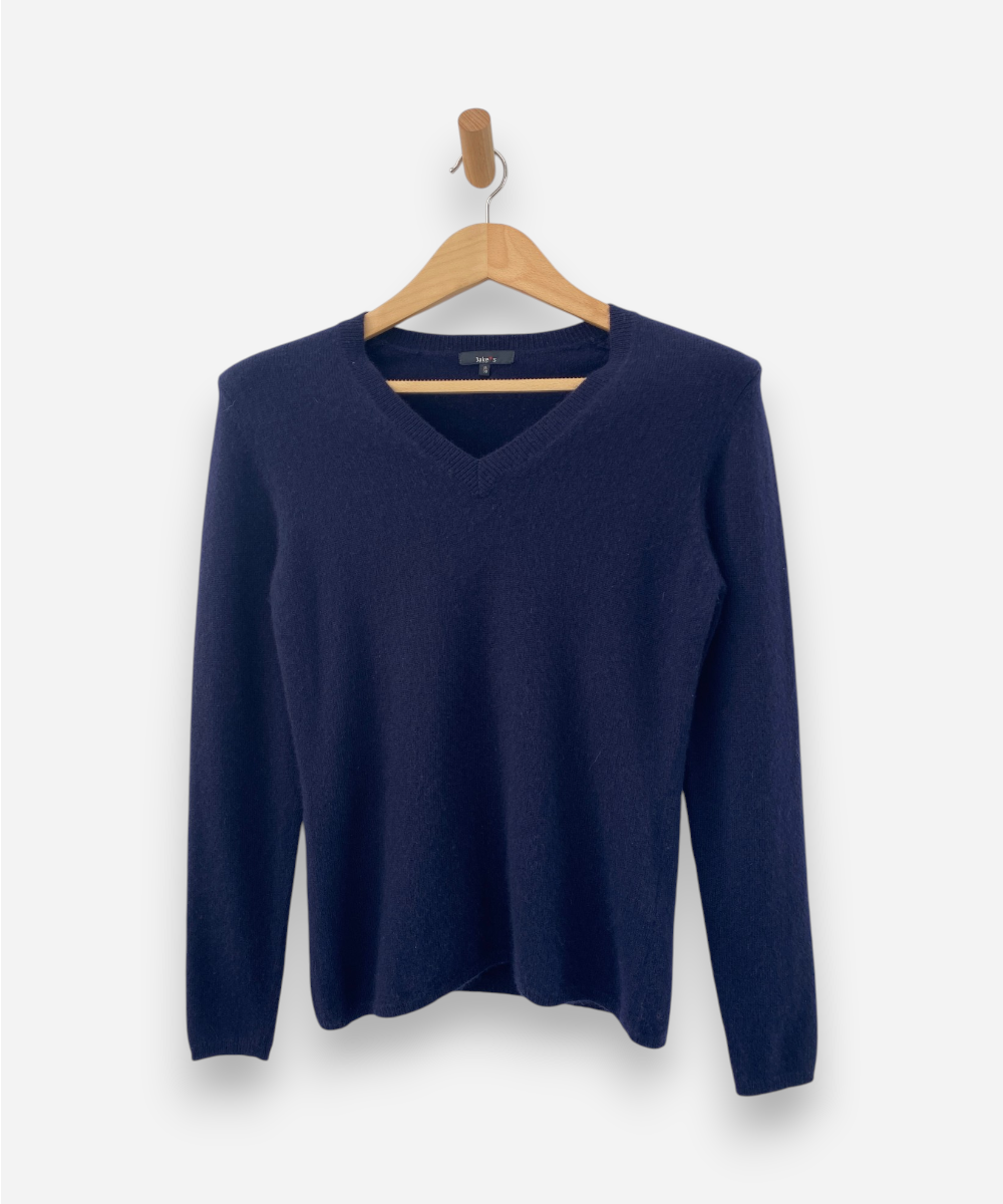 Navy Blue Cashmere V Neck Jumper by Jake S