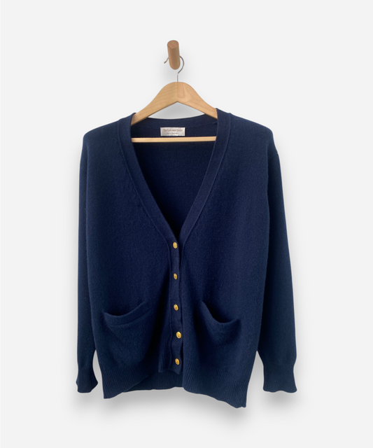 Navy Blue Chunky Cashmere V Neck Gold Nautical Buttons Cardigan by The Cashmere Centre