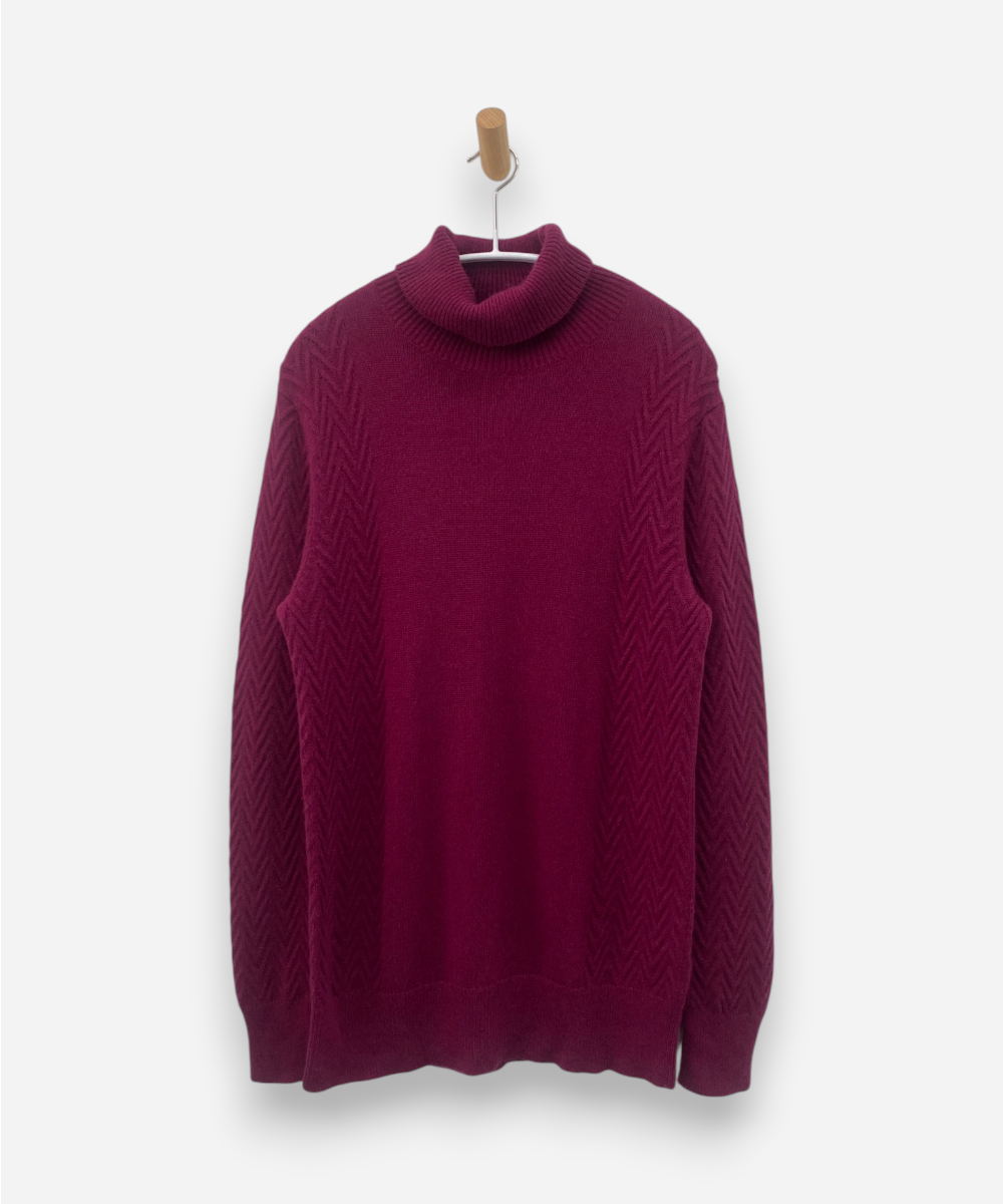 Pink Cashmere Roll Neck Chevron Ribbed Chunky Knit Jumper 