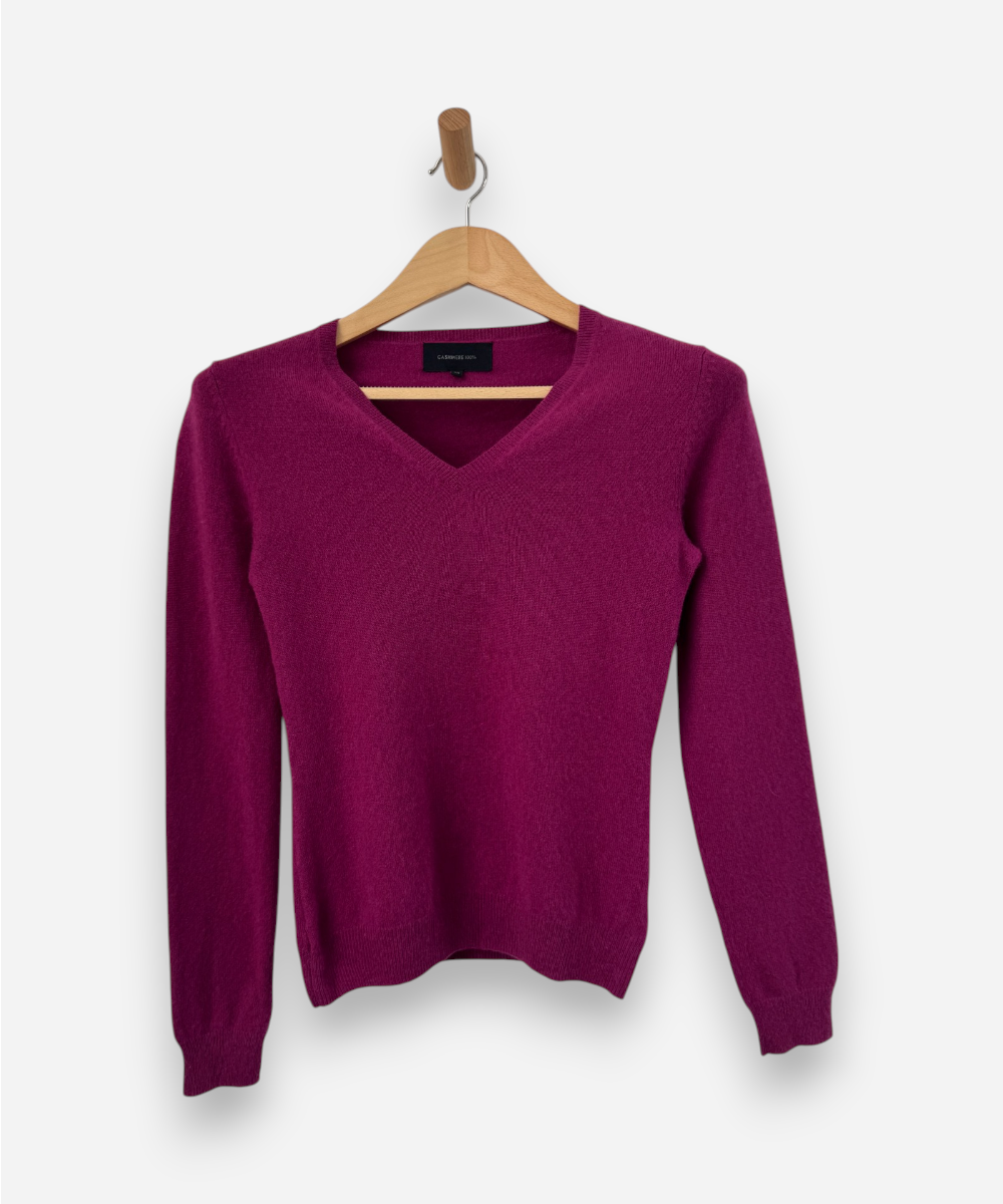 Dark Pink Cashmere V Neck Jumper