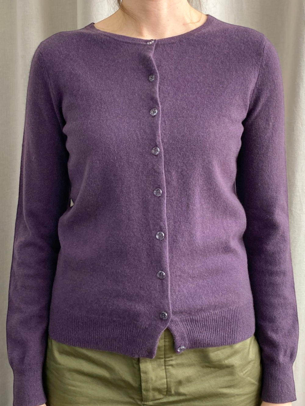 Purple Cashmere Crew Neck Cardigan with Clear Buttons by Boden